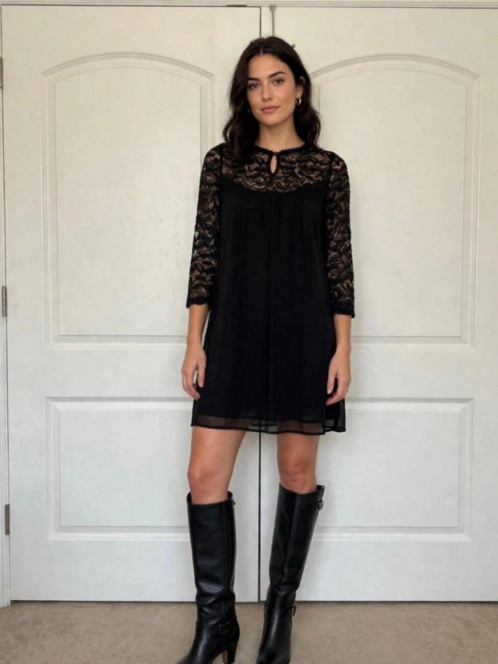 As U Wish Black Yoke Lace Top & 3/4 Sleeves Shift Dress Women's Sz S